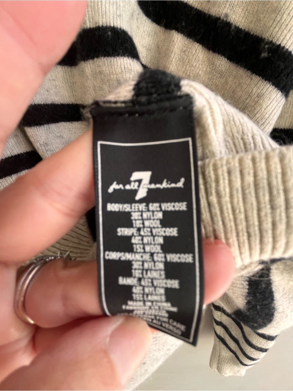 7 For All Mankind Cream and Black Striped Crewneck Sweater Wool Blend XL - Picture 7 of 7